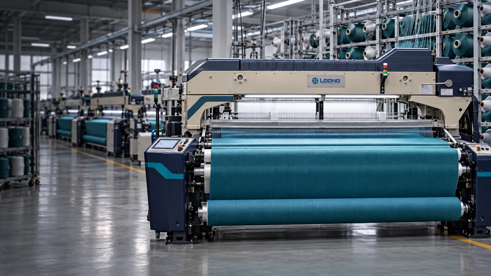 Customized LOONG textile loom producing teal fabric