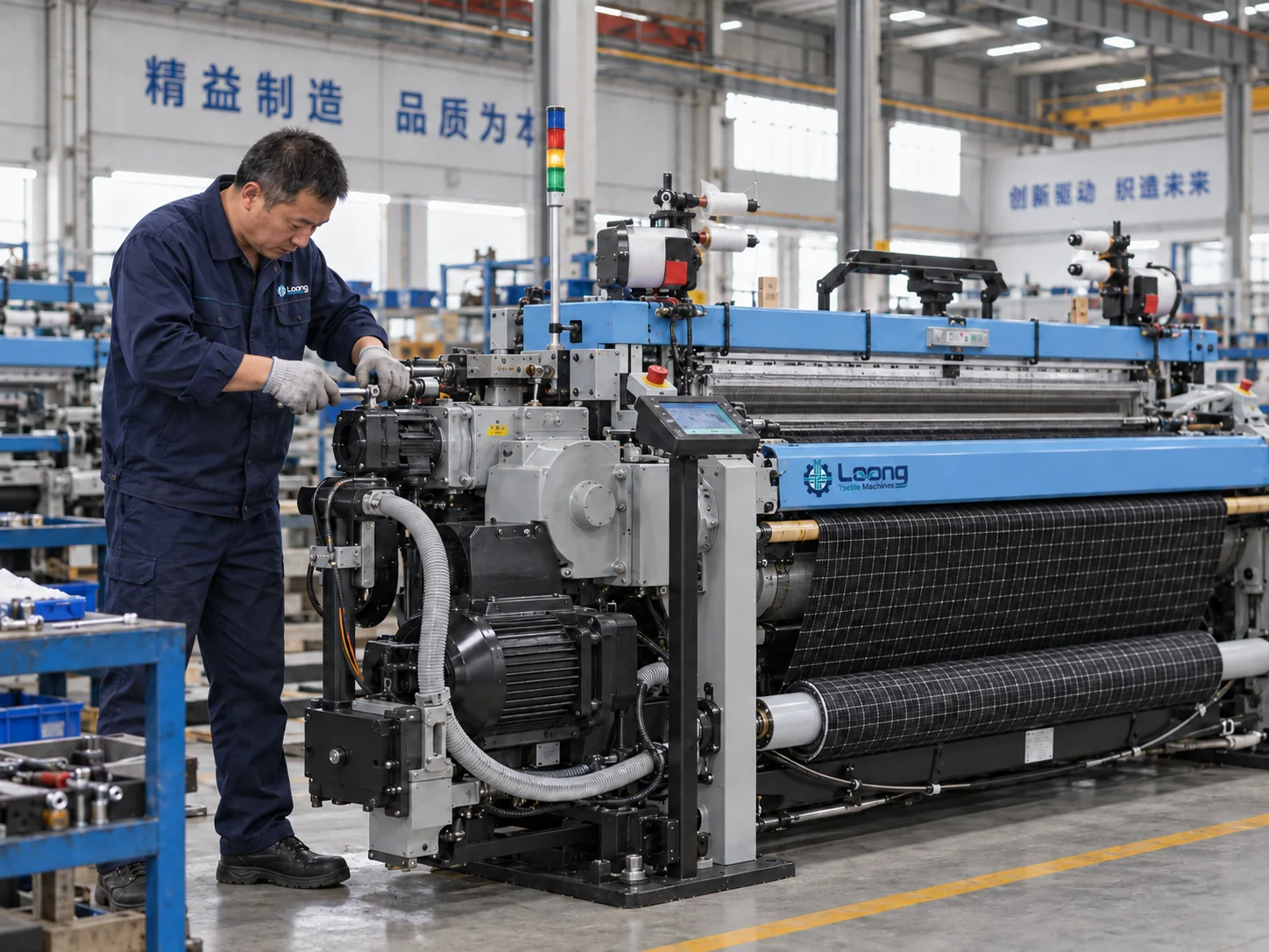 LOONG technician assembling a textile weaving machine in a Chinese factory