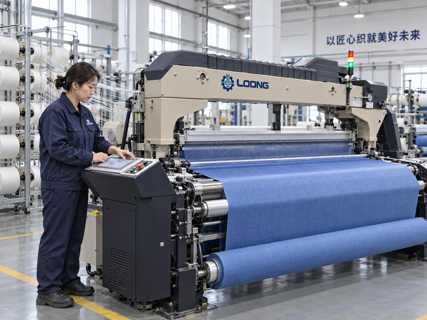 LOONG engineer commissioning a textile loom with blue fabric