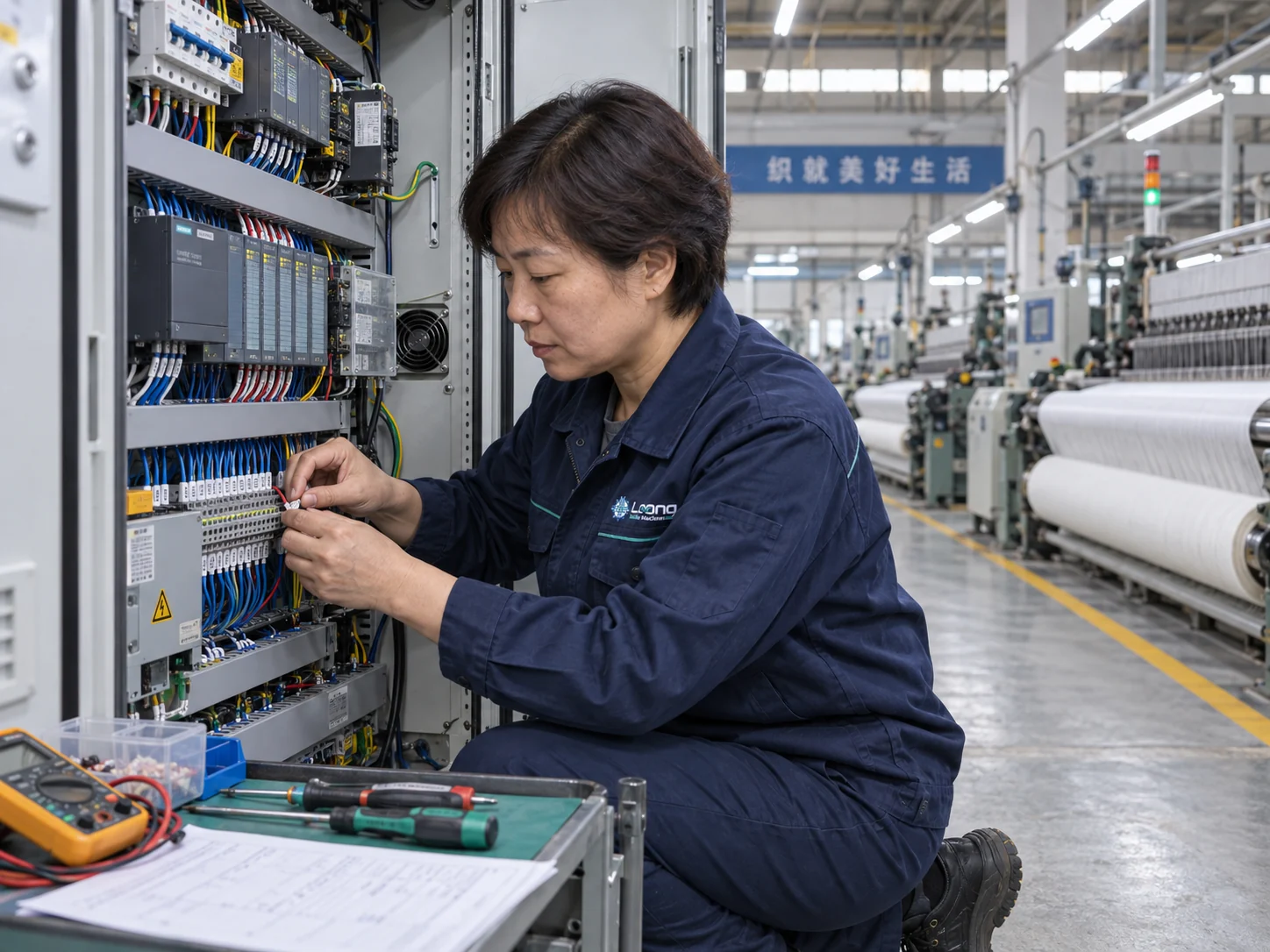 LOONG electrical technician inspecting a textile machine control cabinet