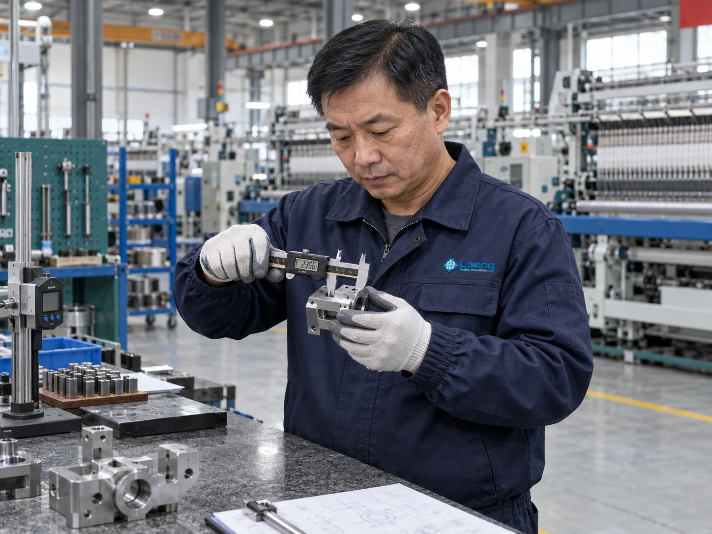LOONG quality inspector measuring a machined textile machinery component