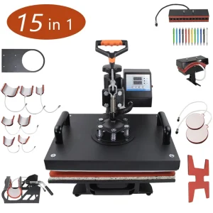 15-in-1 Combo Heat Press, 38 cm, 12 x 15 Inch, 360-Degree Rotation for Apparel, Mug, Cap, Dish and Ball Sublimation