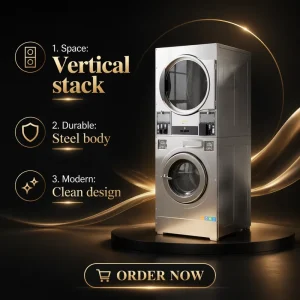 15KG Coin Operated Full Automatic Stack Washer and Dryer Commercial Laundromat Laundry Machine for Self-Service Laundry Room