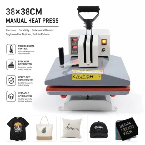 15×15 Inch High-Pressure Swing-Away Heat Press Machine, Manual Flat Heat Transfer Press for T-Shirts, Bags, and Textile Printing