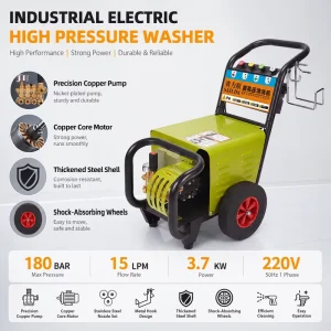 180 Bar 3.7 kW Electric High Pressure Washer with Copper Pump for Car and Industrial Cleaning