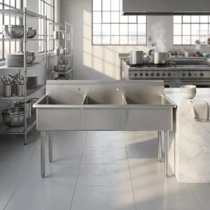 201 Stainless Steel NSF-Certified Brushed Matte Finish Commercial Kitchen Triple-Bowl Wash Basin 300 kg/m