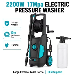 2200W 17 MPa Electric High-Pressure Washer with Leakage Protector, 10 m Hose, 120/60 Hz and External Foam Bottle