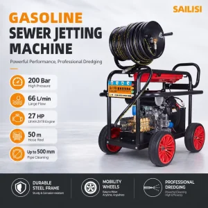 27HP Gasoline Sewer Jetting Machine 200Bar High Pressure Pipe Cleaner with 50m Hose Reel