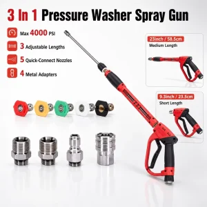3-in-1 Adjustable High-Pressure Washer Spray Gun, 4000 PSI, with Extension Wand and 5 Quick-Connect Nozzles
