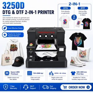 3250D Pro A3 DTF DTG Printer XP600 32x50cm Direct-to-Garment T-Shirt Printing Machine with White Ink and PET Film