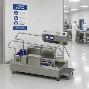 Access Control Hygiene Station with Motorized Boot Scrubber and Hand Disinfection System for Food Factories