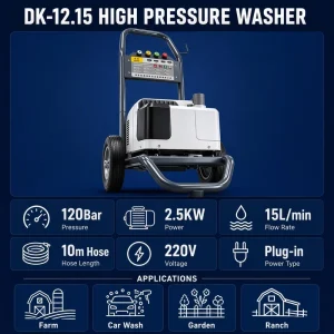 DK12.15 Electric High Pressure Washer 220V 2.5KW 0-120Bar 15L/min 10m Hose Stainless Steel for Car Yard Farm Cleaning