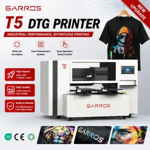DTG Printer T5 Direct-to-Garment Printing Machine for Commercial Textile Printing, 100 T-Shirts per Hour