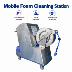 Electric Automated Mobile Foam Cleaning Station with Built-In Air Supply, Casters, and 3-in-1 Function