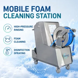 Electric Heavy-Duty Mobile Foam Sanitation Station with Manual Reel and Food-Grade Hose