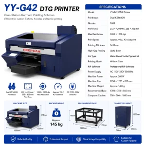 G42 Pro Dual-Station DTG Printer with Dual KS1680H Printheads 1200 DPI for T-Shirt Hoodie Cotton Apparel Printing