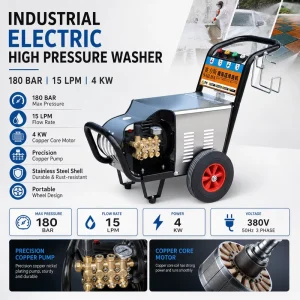 Industrial Electric High Pressure Washer 180 Bar 4KW Stainless Steel Cleaning Machine with Copper Pump for Car and Equipment Washing