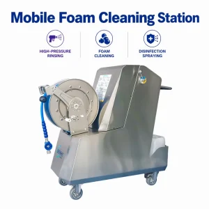 Industrial Electric Mobile Foam Cleaning Station with Manual Hose Reel and 3-in-1 Rinsing and Sanitizing Function