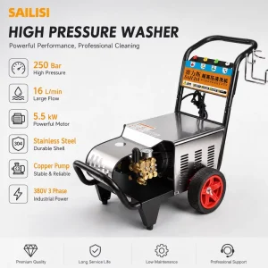 Industrial High-Pressure Washer, 250 Bar, 5.5 kW Electric Pressure Cleaner with Stainless Steel Body and Copper Pump for Car and Floor Cleaning