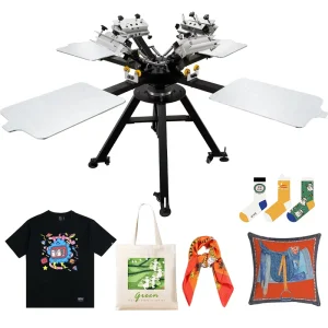 Manual 4-Station Silk Screen Carousel Printing Machine for T-Shirts and Textiles, 4-Color