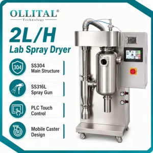 SS304 Structure 2 L/h Lab Spray Dryer with SS316L Spray Gun PLC Control and Mobile Caster Design