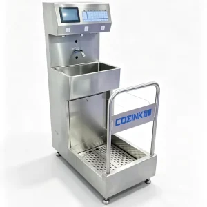 Stainless Steel Hygiene Station with Turnstile Access Control, Hand Washing and Boot Disinfection for Cleanrooms